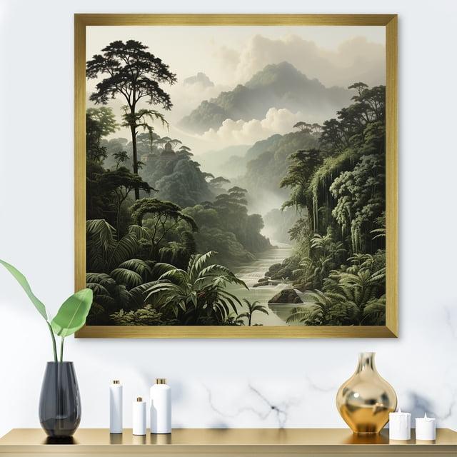 Designart "Susurros de la Jungla Vintage Ecos Del Tiempo I" Paisajes Enmarcados Decoración de Arte de Pared - Arte de Pared Enmarcado de Entrada de la Jungla Verde Tropical