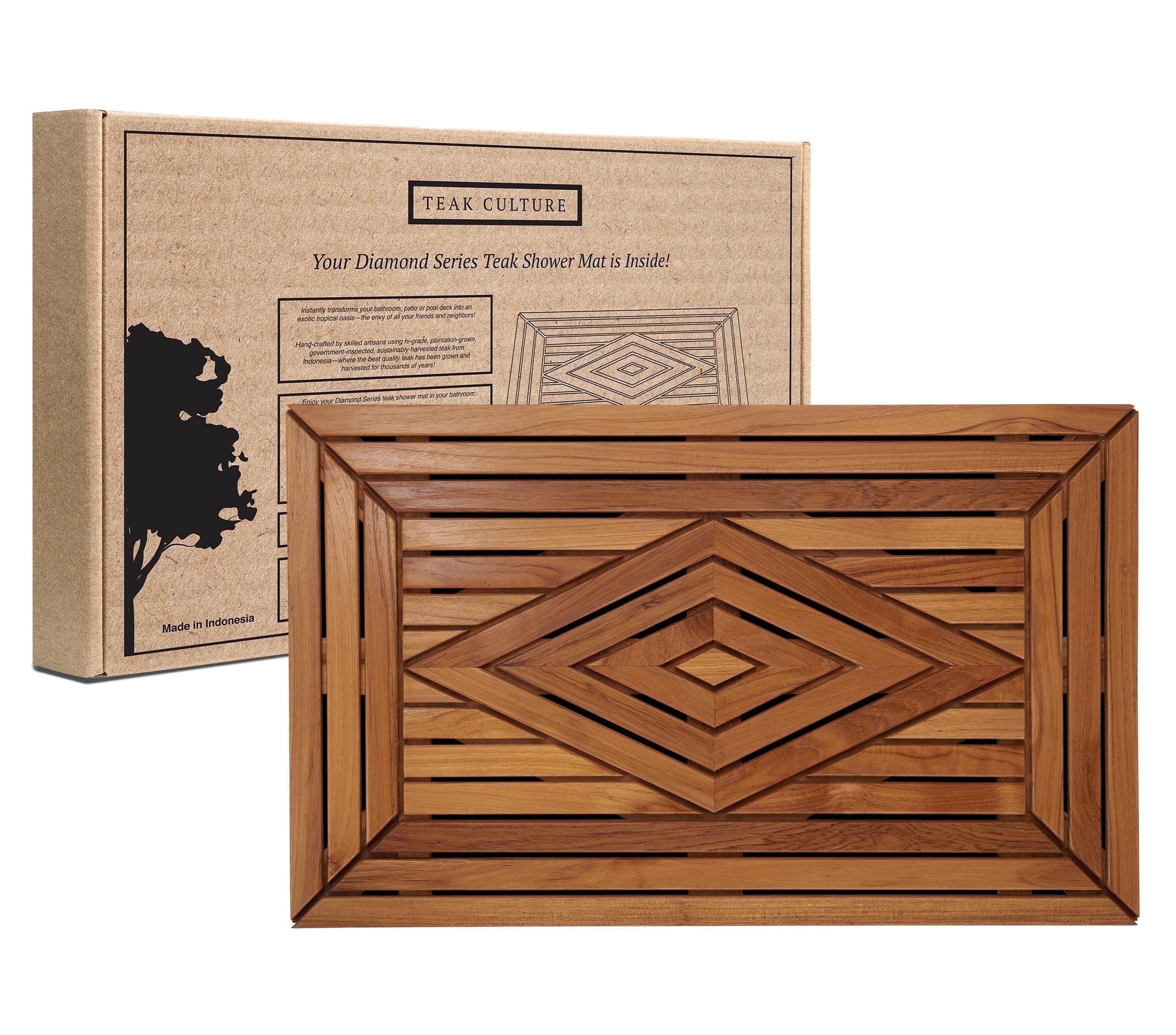 Large Teak Shower Mat with Diamond Design, 31.5 Inches