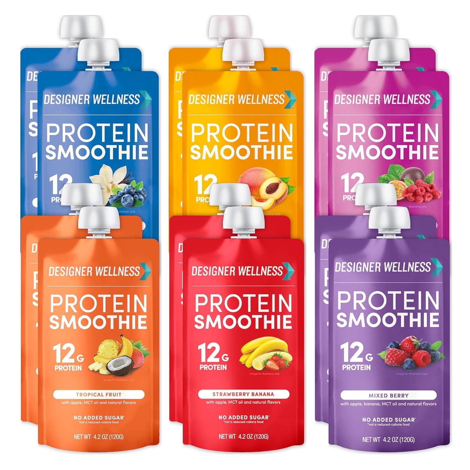 Designer Wellness Protein Smoothie, Real Fruit, 12g Protein, Low Carb, Zero Added Sugar, Gluten-Free, 12 Count