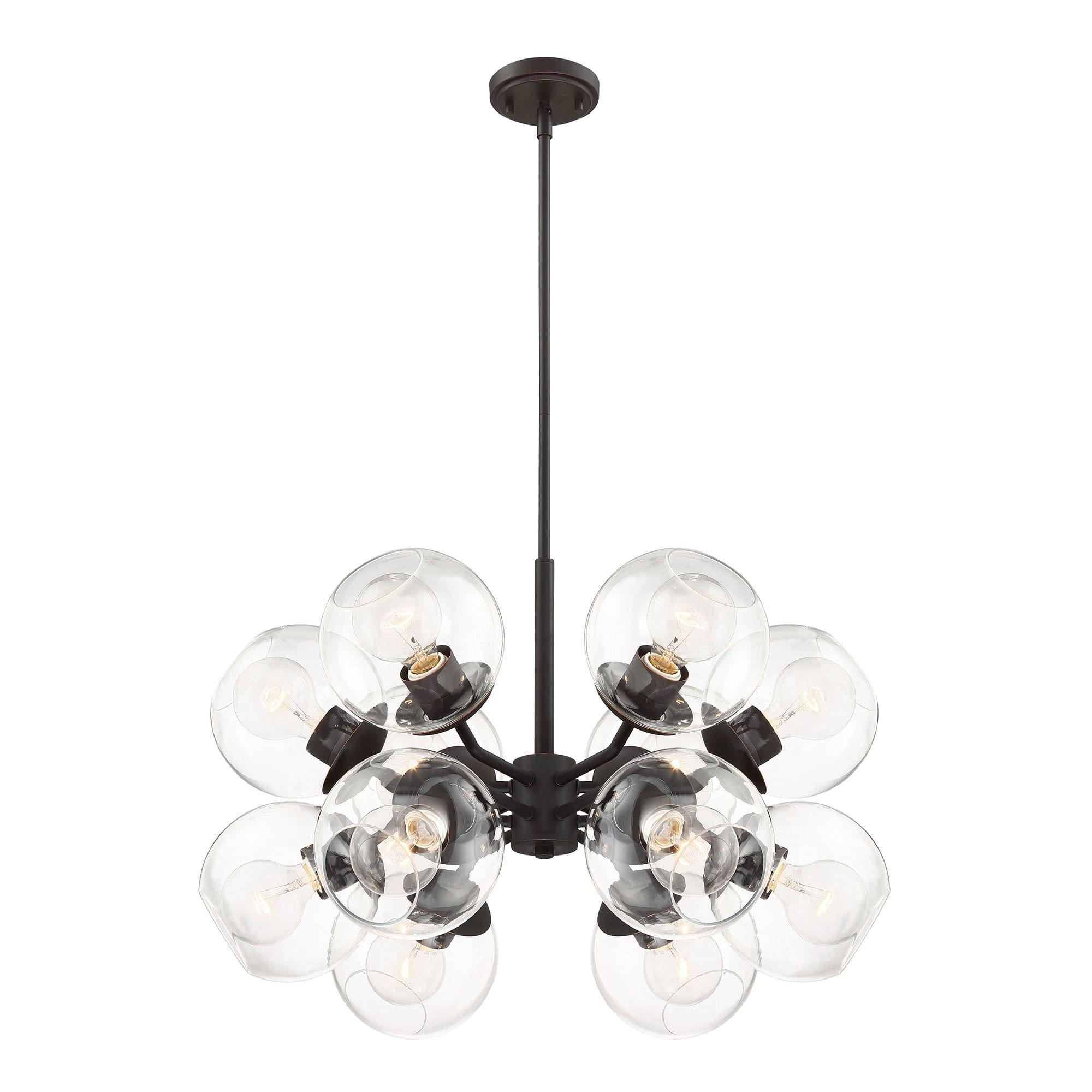 Meridian Minimalist 12-Light Chandelier in Aged Bronze with Clear Glass Globes