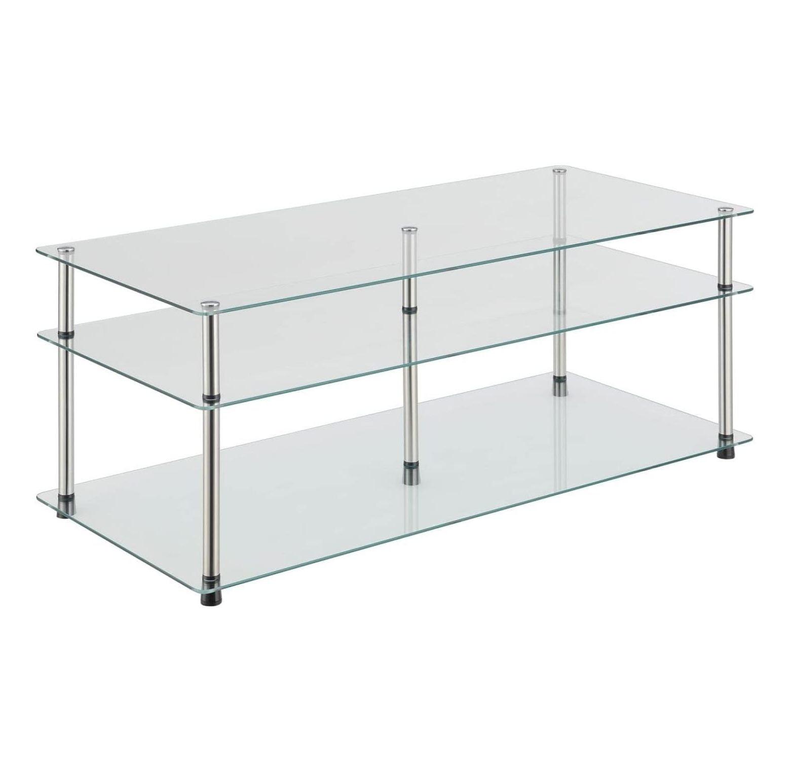 Modern Rectangular Glass 3-Tier Coffee Table with Stainless Steel Poles