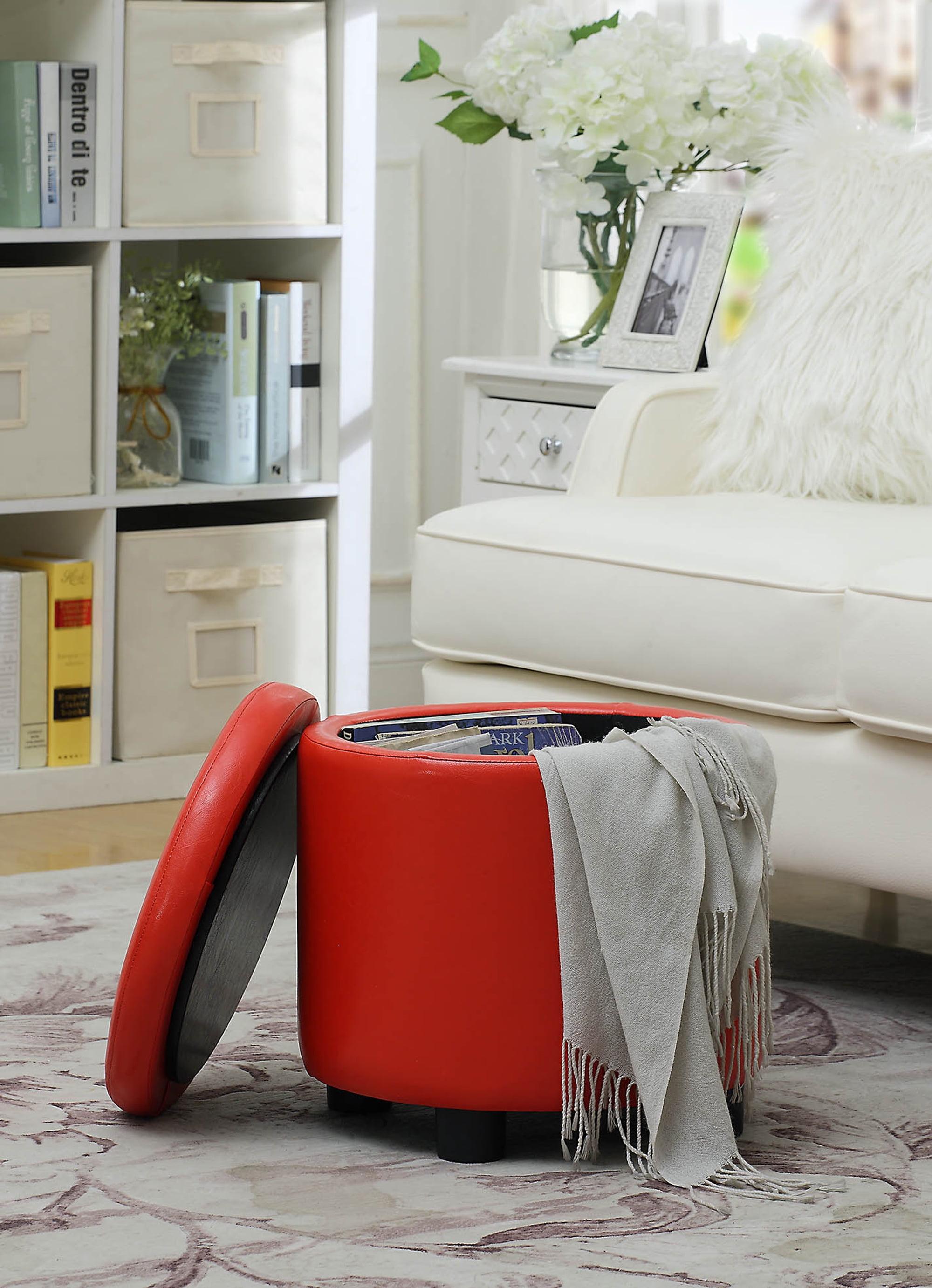 Red Faux Leather Round Storage Ottoman with Tray Lid