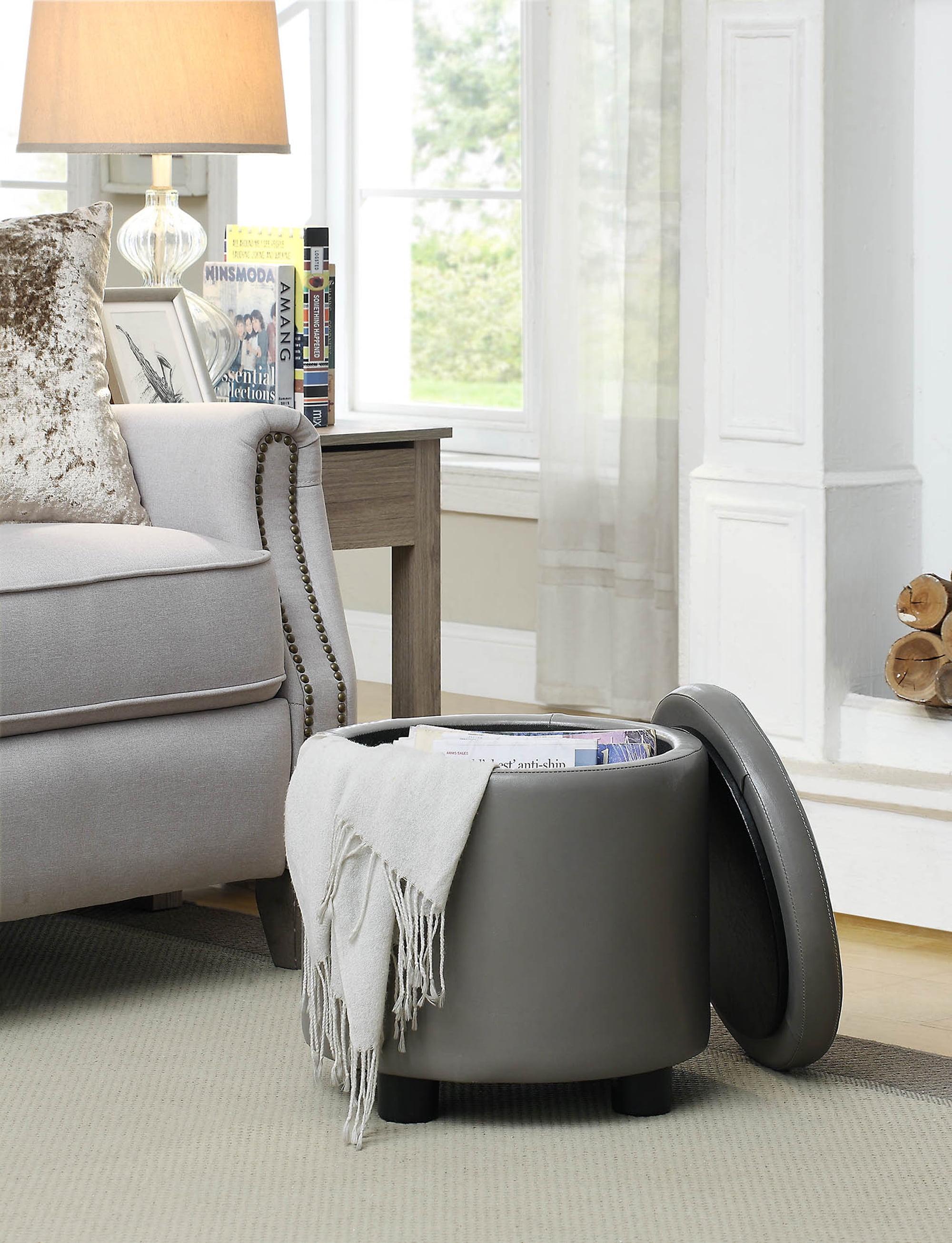 Designs4Comfort Round Accent Storage Ottoman with Reversible Tray Lid, Taupe Gray Faux Leather