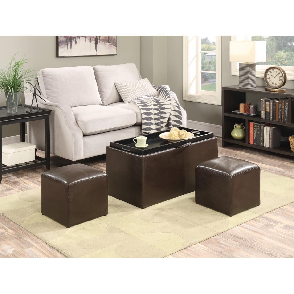 Espresso Faux Leather Footstool Bench with Built-In Tray and Side Ottomans