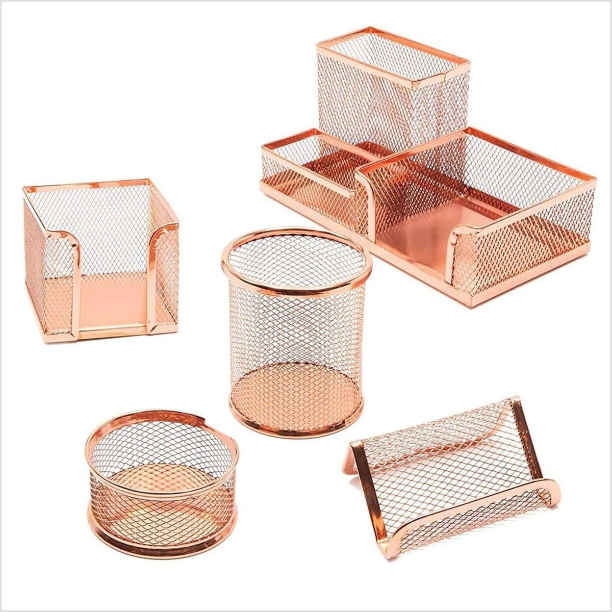 Rose Gold Mesh Desk Organizer Set with Pen, Note, and Card Holders