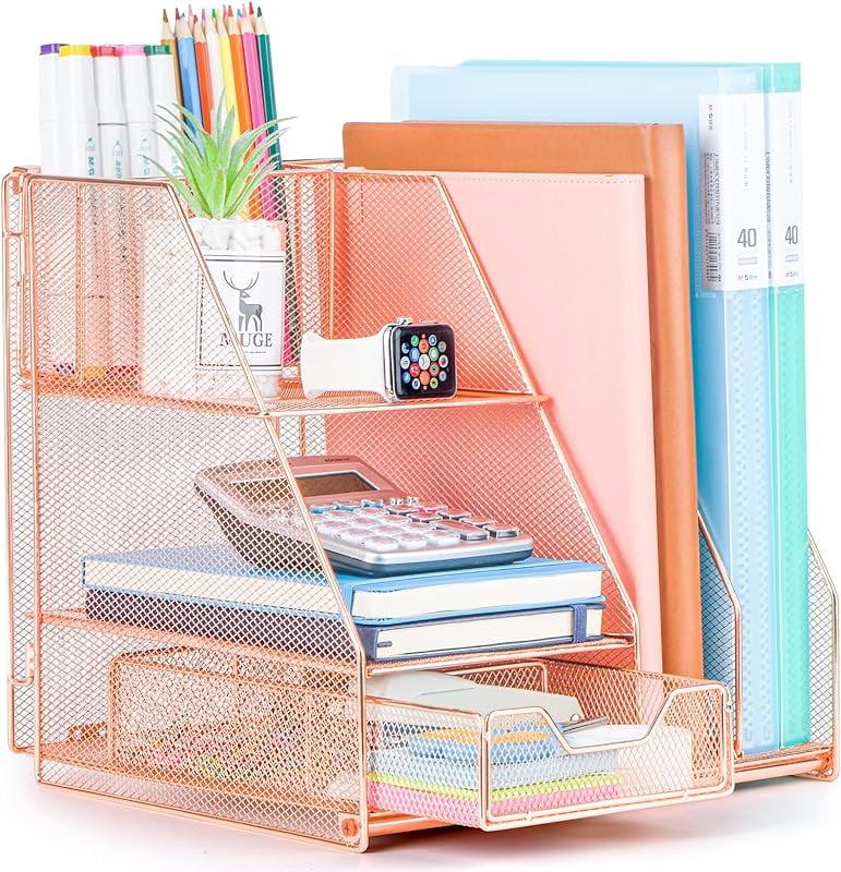 Rose Gold Metal Mesh Desk Organizer with Sliding Drawer and Pen Holder