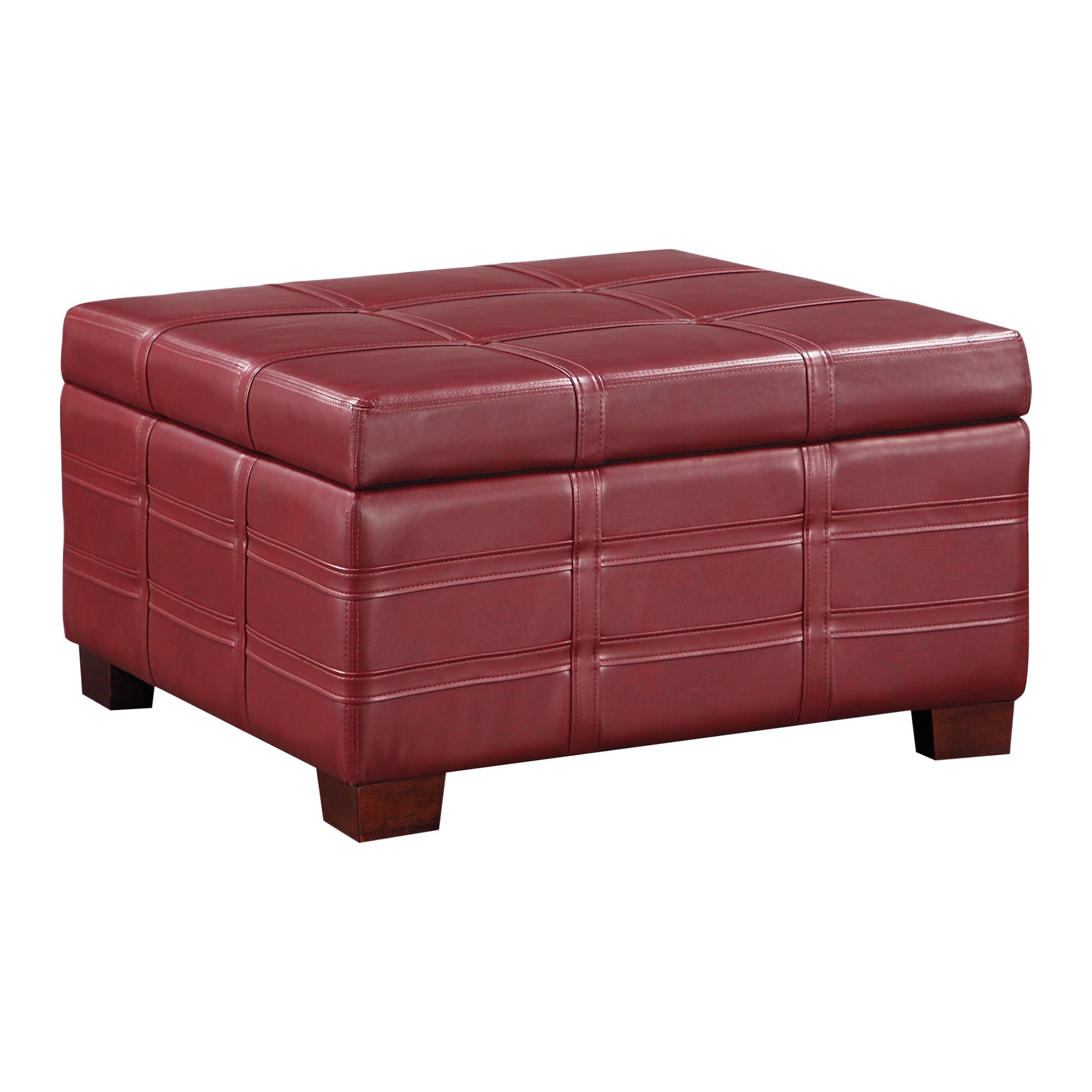 Detour Strap Square Storage Ottoman in Crimson Red Faux Leather