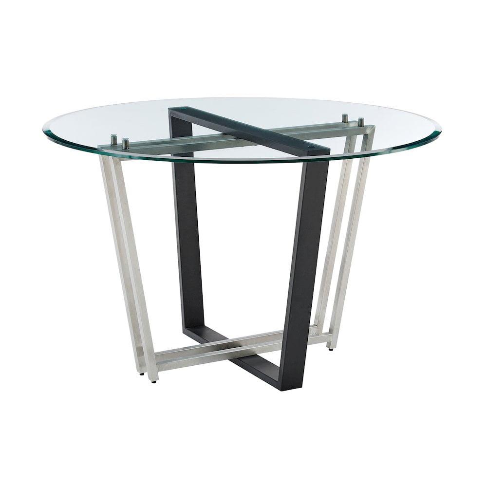 Devi 48" Round Glass Dining Table with Black Iron and Stainless Steel Base