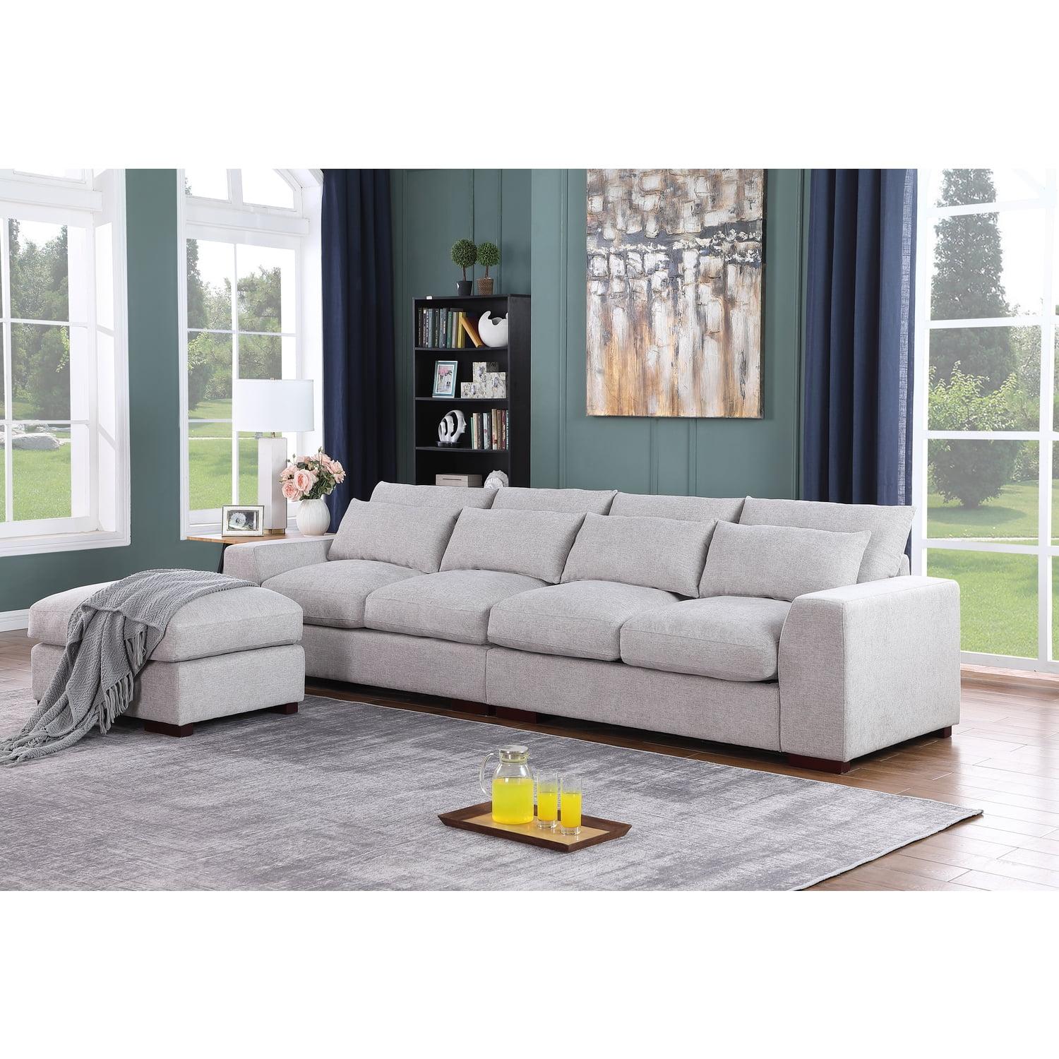 Light Gray Linen-Blend Modular Sectional Sofa with Ottoman