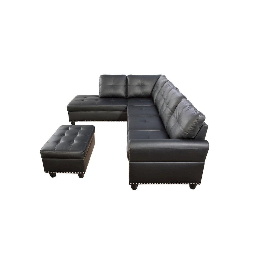 Black Tufted Faux Leather L-Shape Sectional Sofa with Ottoman