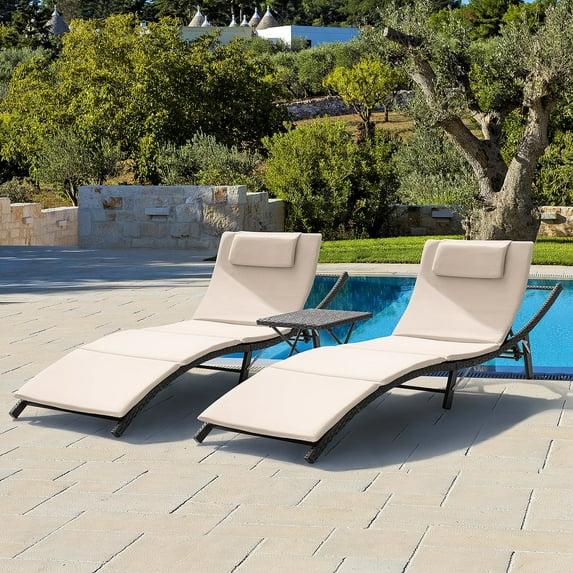 Devoko 3 Pieces Patio Lounge Chaise Chair Set Outdoor PE Rattan Folding Chair Sets with Table, Beige