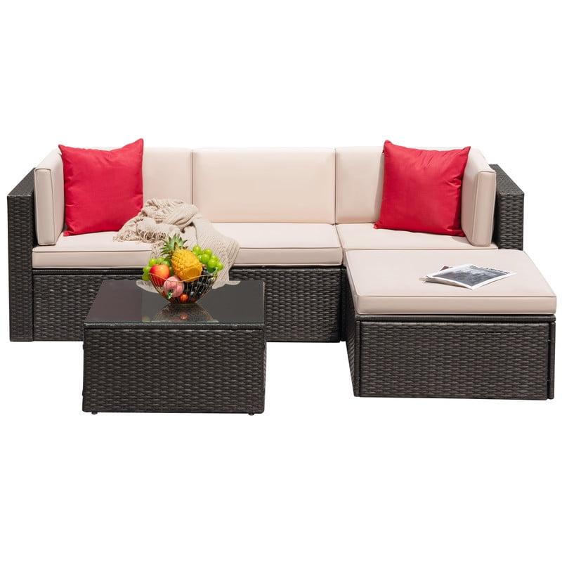 Beige L-Shaped PE Wicker Outdoor Sectional Sofa Set