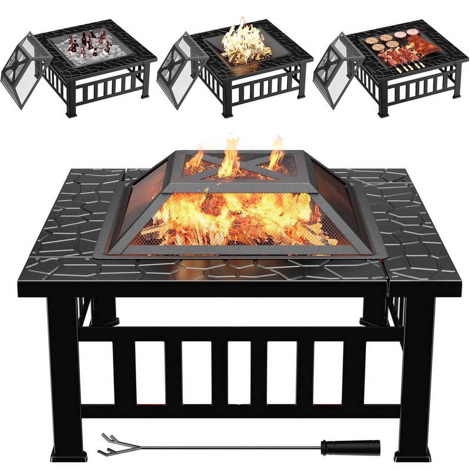 Devoko Outdoor 32" Square Metal Fire Pit with Cover and Poker, Black