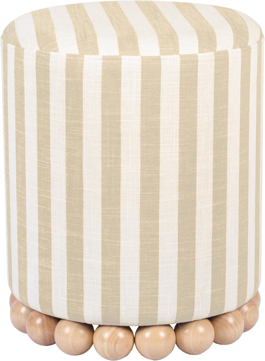 Dex Beige and White Striped Linen Ottoman with Wood Base