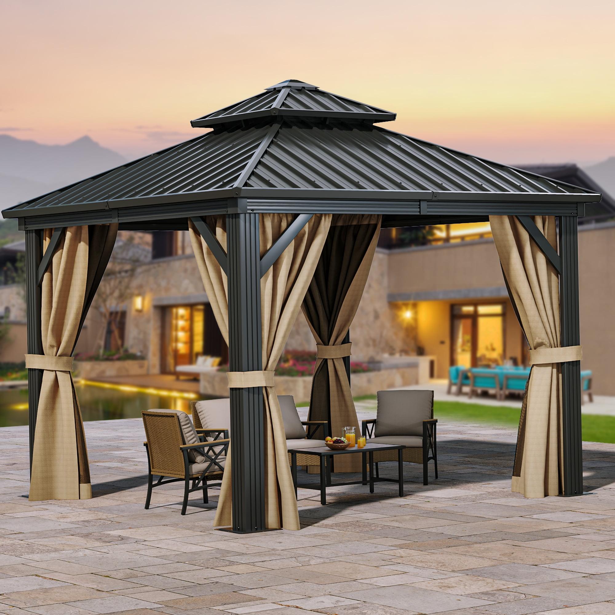 10x10ft Black and Brown Aluminum Gazebo with Netting and Curtains