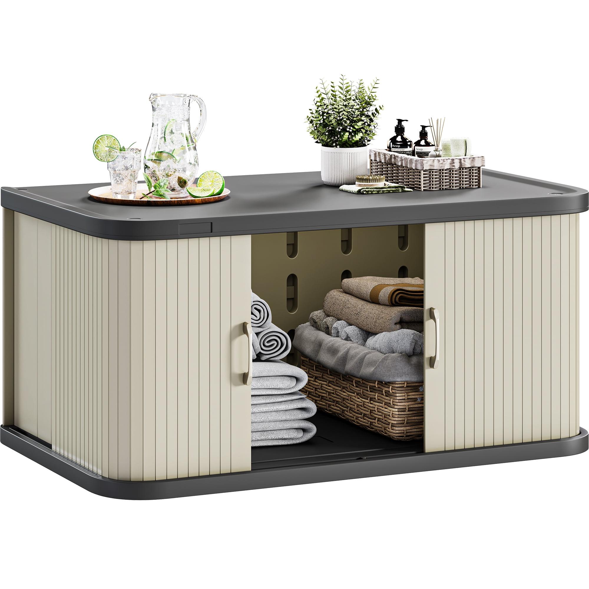 Dextrus 37 Gallon Medium Resin Cabinet, Outdoor Stackable Storage Cabinet with Double Sliding Doors for Indoor Outdoor Garage Lawn Care, Waterproof and Stylish Storage Solution - Light Gray