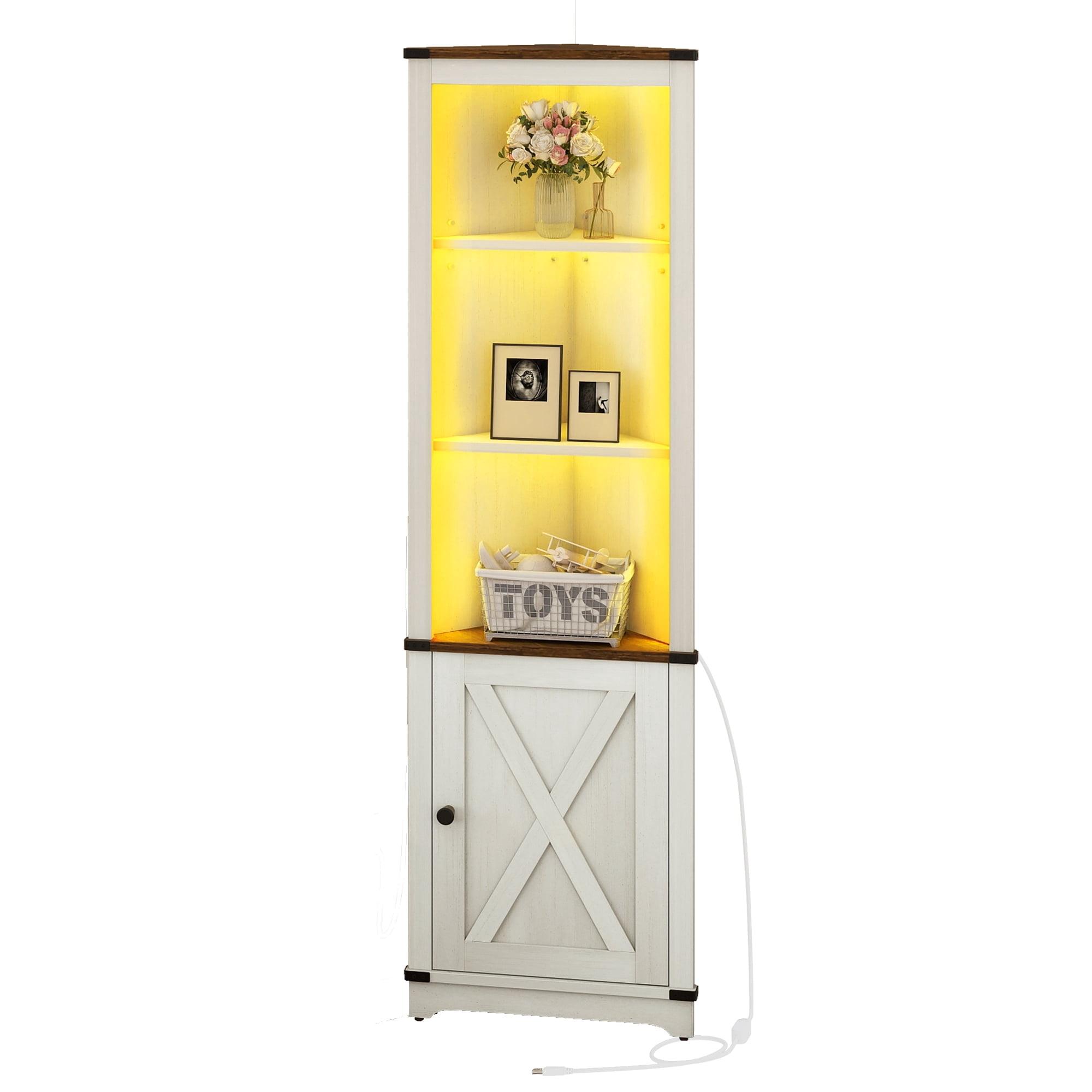 Gracie Oaks Aspenn 67" H Corner Bookcase with LED Light, Corner Storage Cabinet with Adjustable Shelf