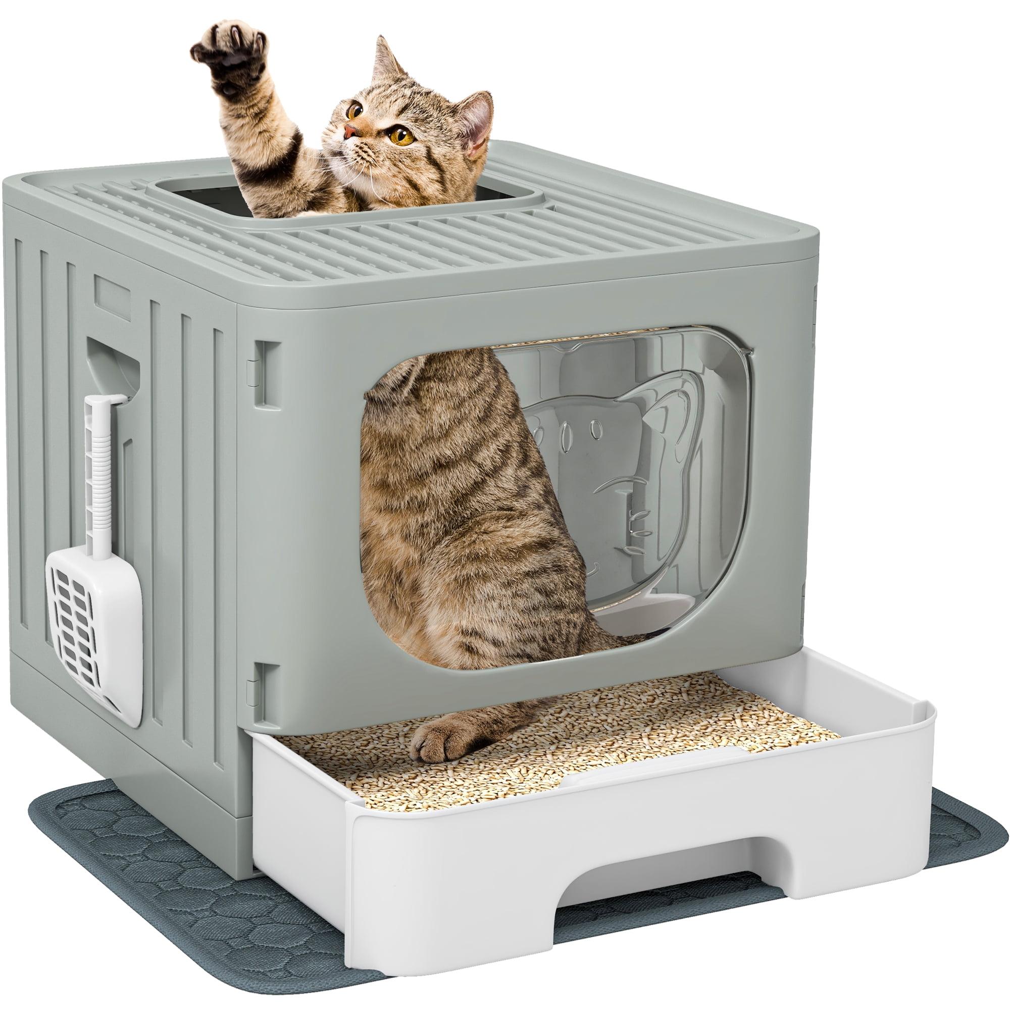 Dextrus Large Enclosed Cat Litter Box with Lid Drawer Type Easy to Clean,with Cushion&Litter Scoop,Gray
