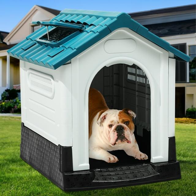 Dextrus Large Foldable Plastic Doghouse, 26.8''Lx22.4''Wx26''H Outdoor Plastic Dog House for Small Breeds with Adjustable Skylight and Elevated Floor