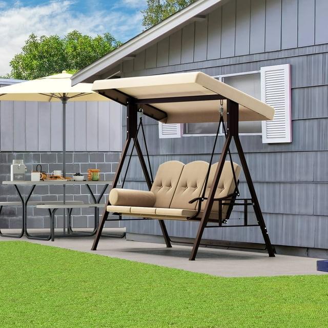 Arlmont & Co. 3-Person Porch Swing with Cup Holders with Removable Cushions and Convertible Canopy