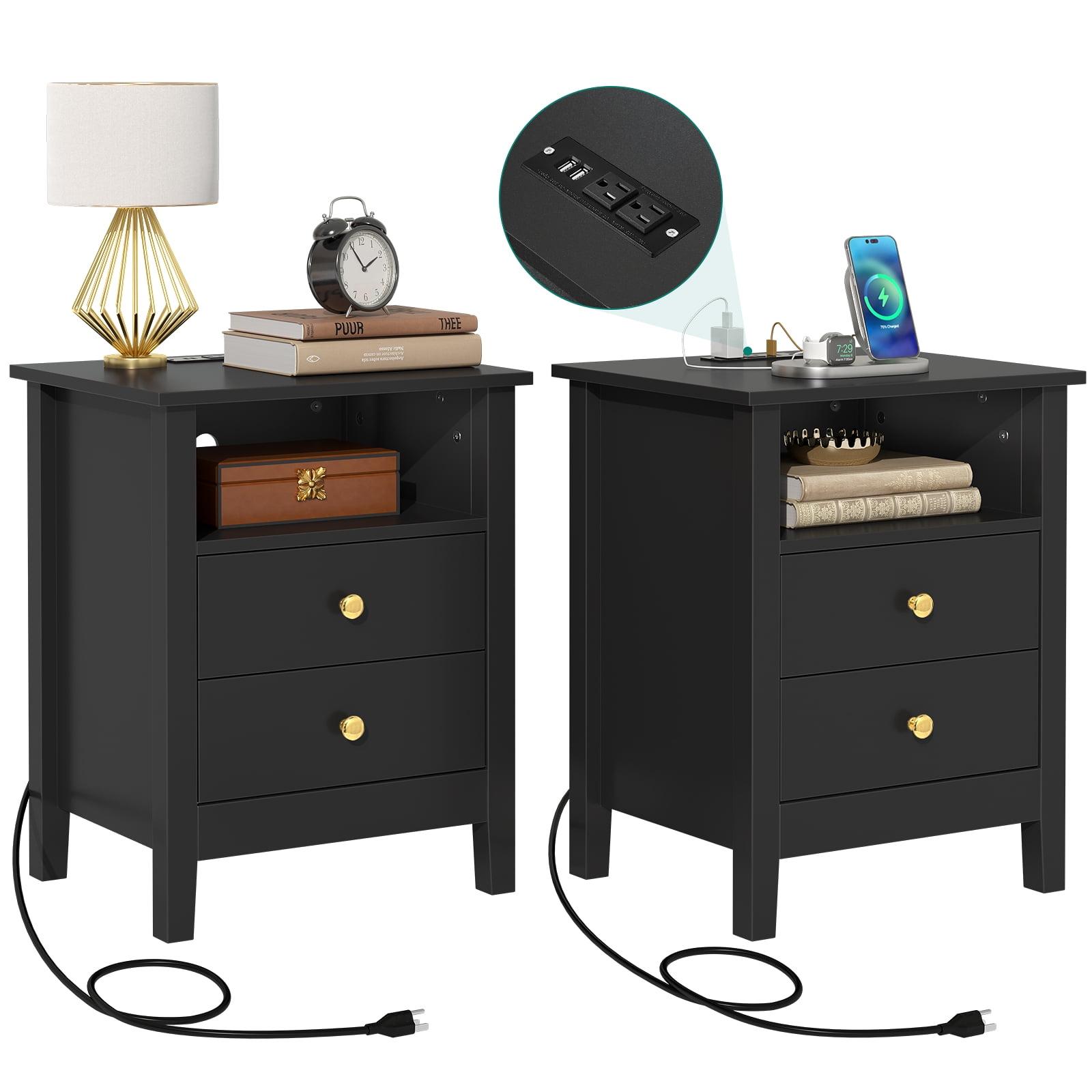 Nightstand with Charging Station, Bedside Table with USB & Type-C Port, Modern End Table with 2 Drawers for Bedroom Furniture, Black