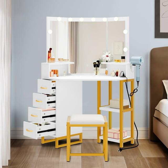 Mercer41 Halide Vanity Desk Makeup Table set Stool with Tri-Fold Mirror, Storage Drawer, and Shelves