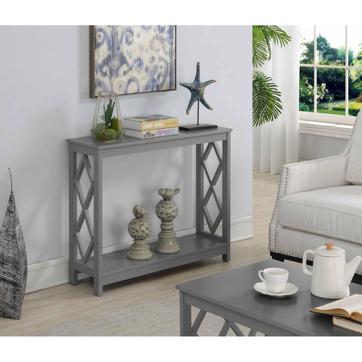 Diamond Cut Gray Console Table with Dual Storage Shelves