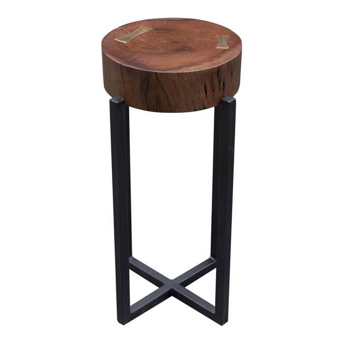 Espresso Round Solid Mango Wood Accent Table with Gold Metal Inlay