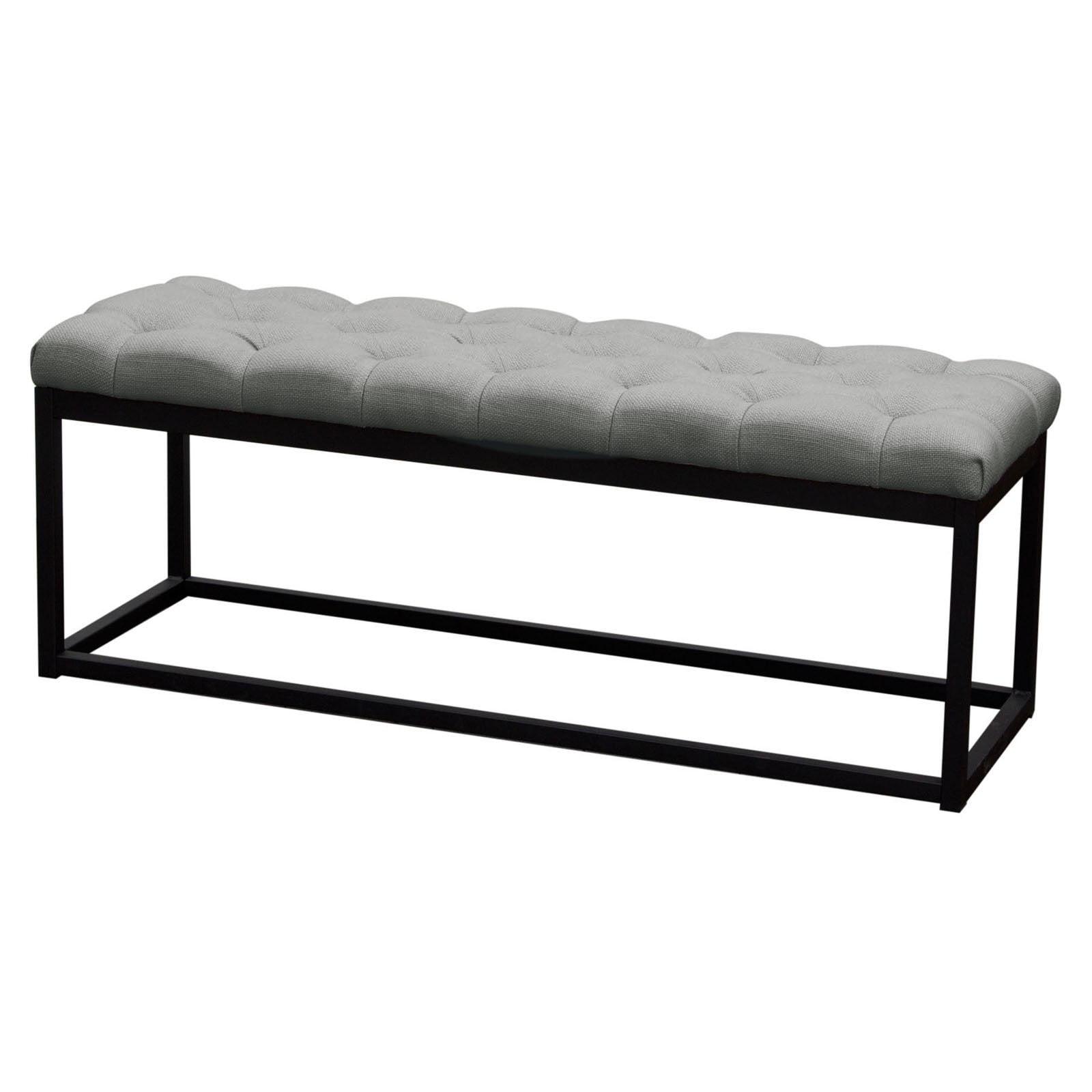 Large Contemporary Green Fabric Tufted Bench on Black Metal Base