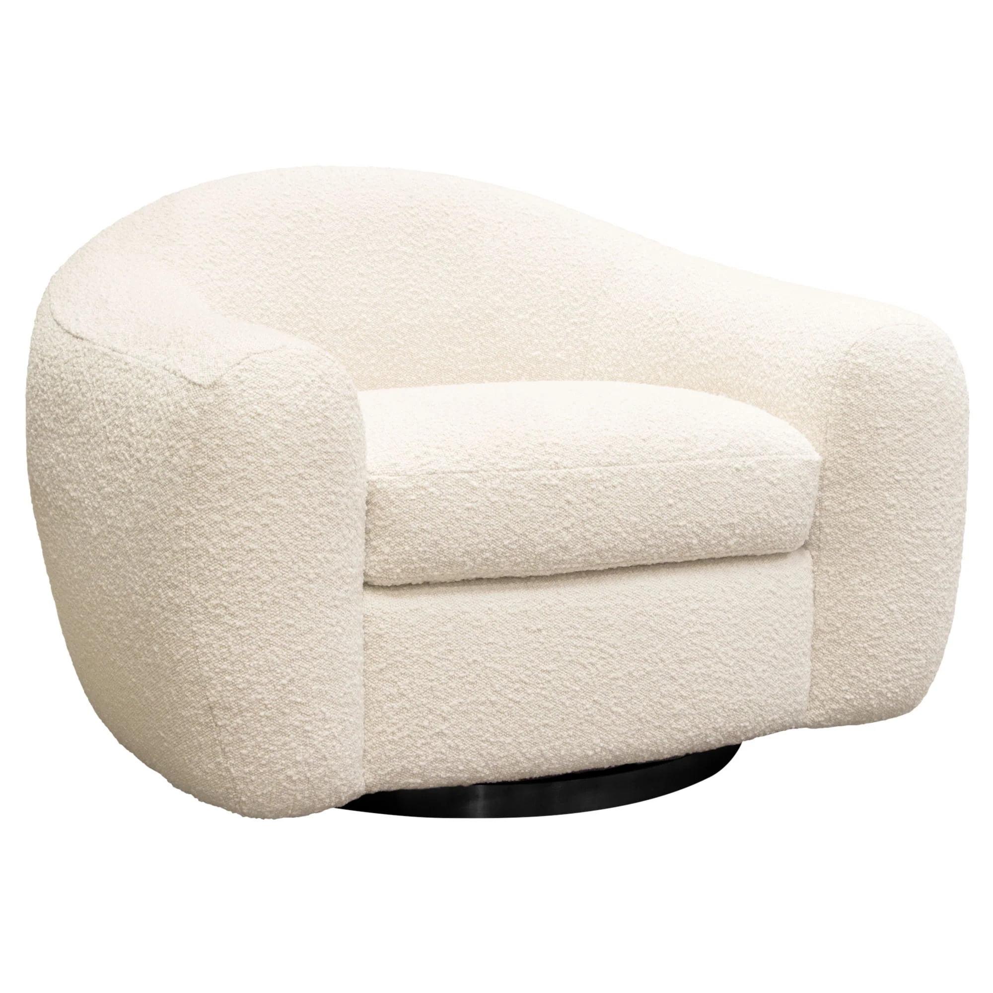 Eucalyptus Solid Wood Barrel Swivel Chair in Bone Boucle