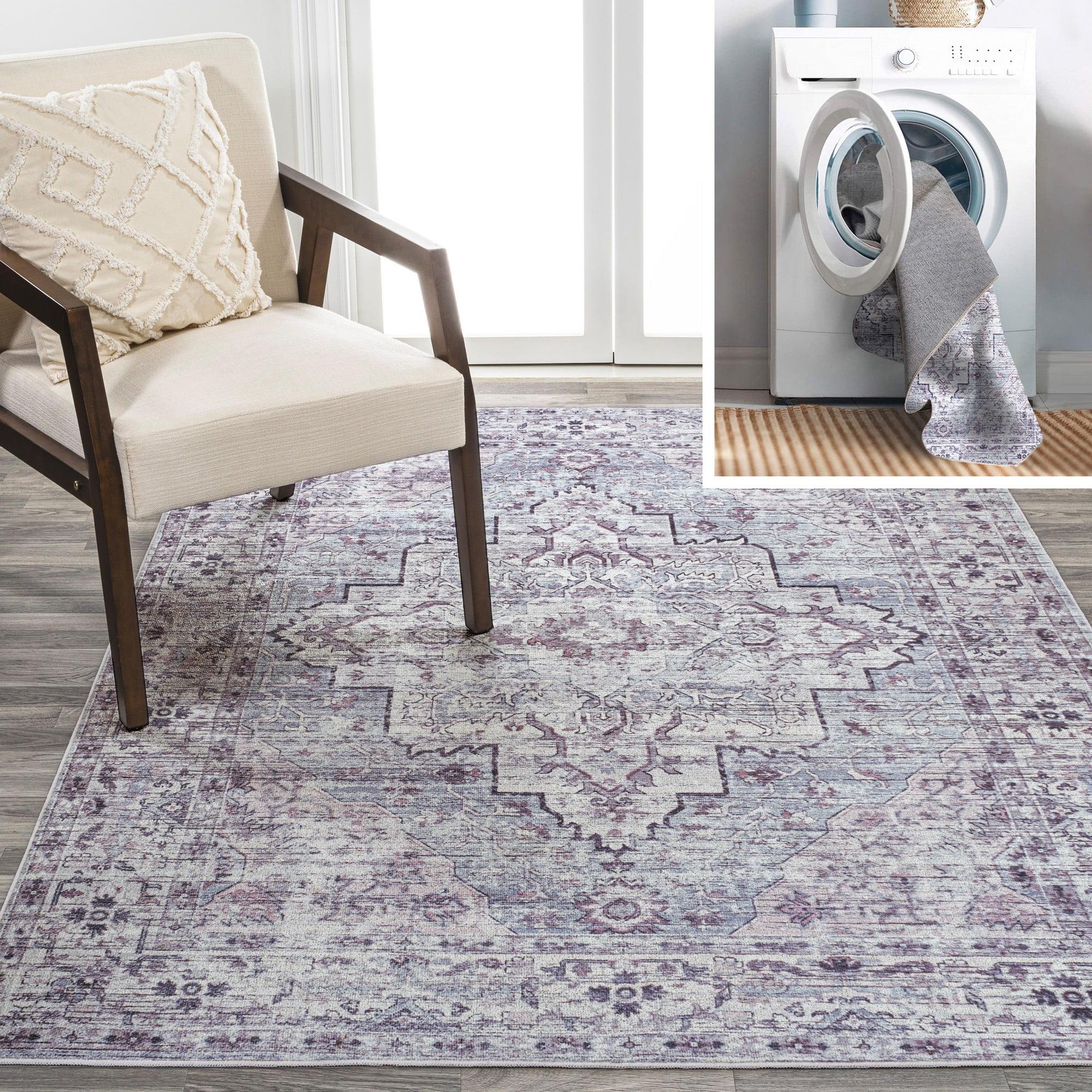 Didim Gray and Purple Medallion Washable Runner Rug