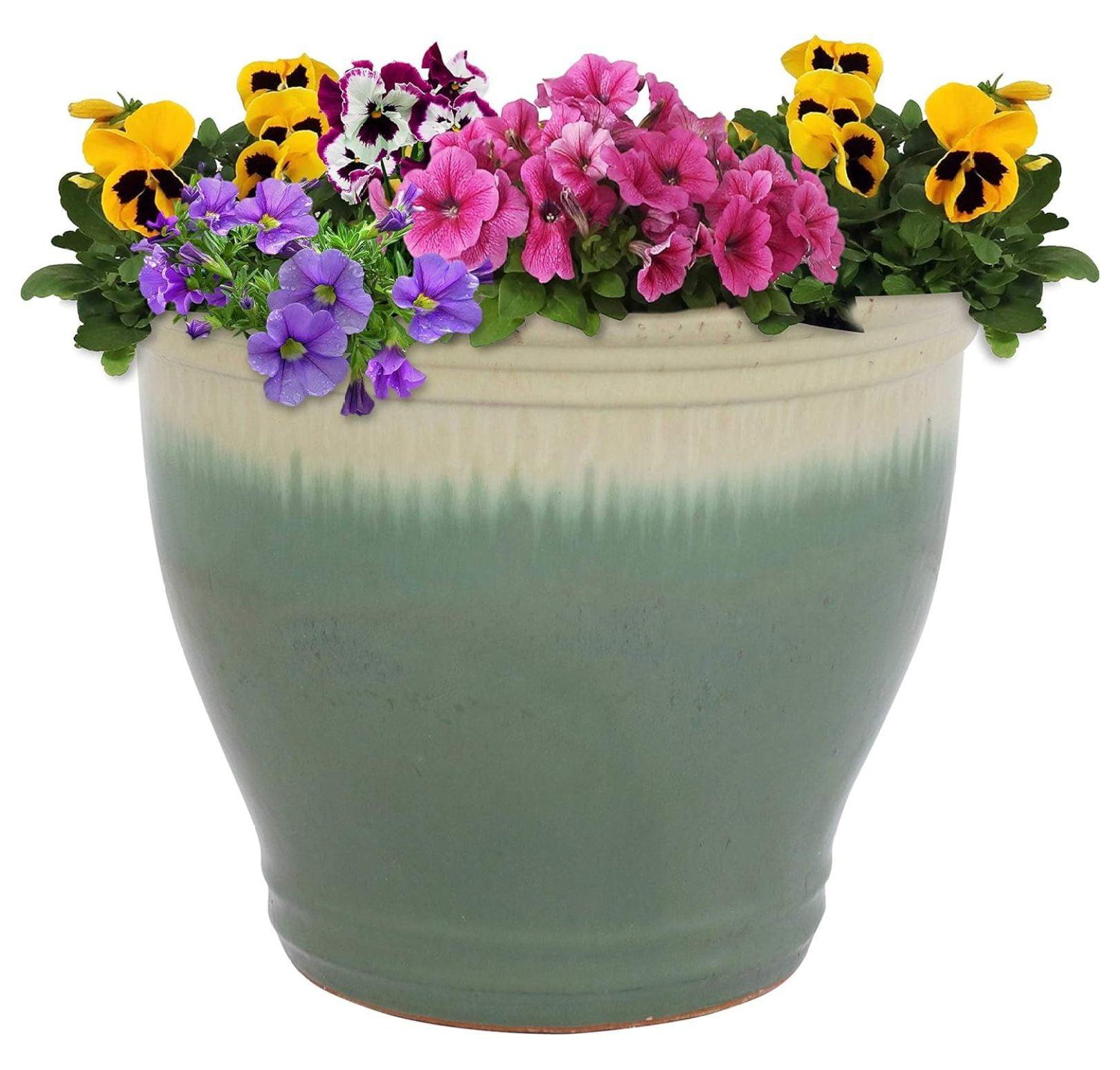 Seafoam and Beige Glazed Ceramic 15" Planter with Drainage Holes