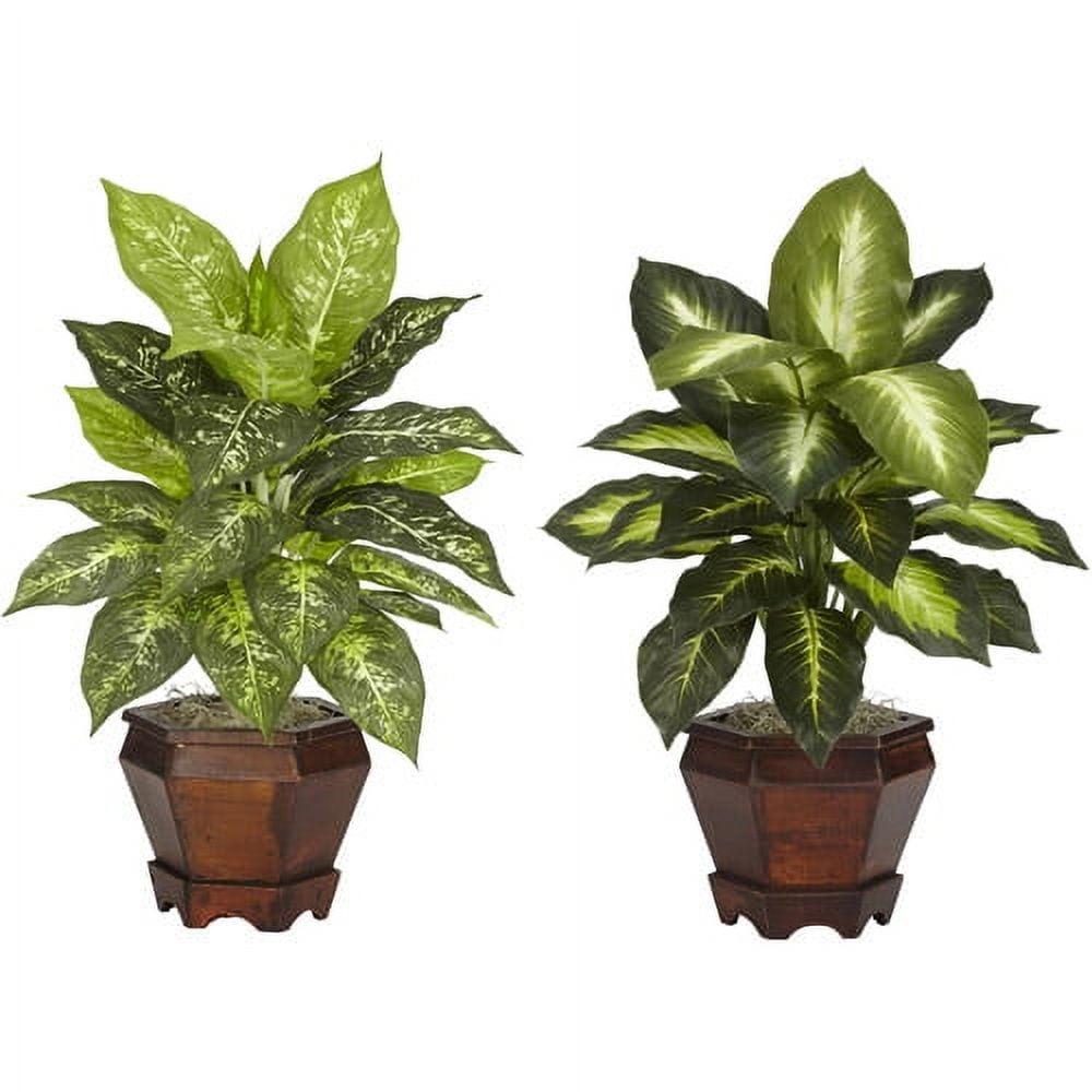 Nearly Natural Dieffenbachia with Wood Vase Silk Plant (Set of 2), Assorted