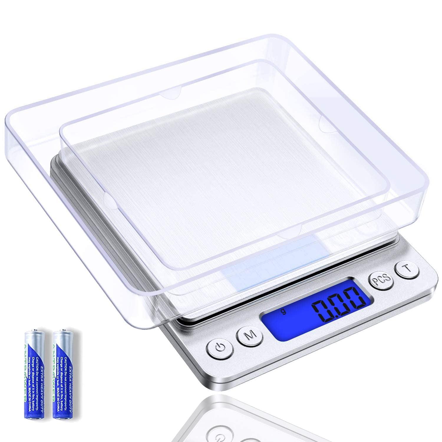 Digital Kitchen Scale 3000g / 0.1g ; Mini Pocket Jewelry Scale, Food Scale for Kitchen, 2 Trays, 6 Units, Auto Off, Tare, PCS Function, Stainless Steel, Batteries Included