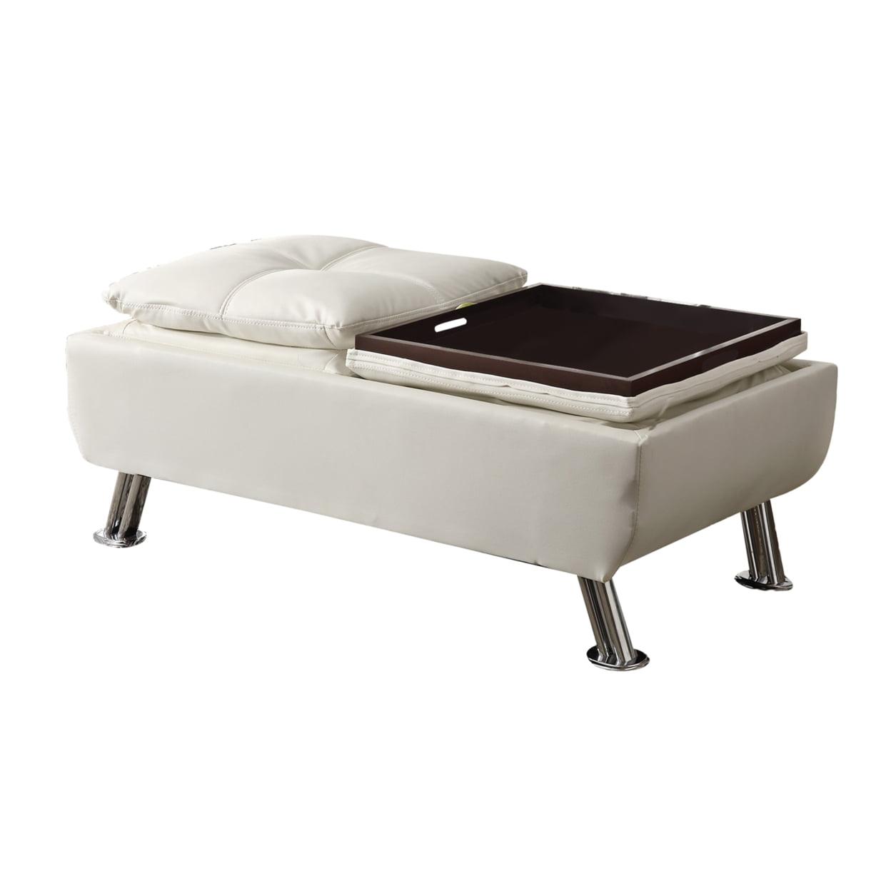 Transitional Tufted White Faux Leather Cocktail Ottoman with Tray