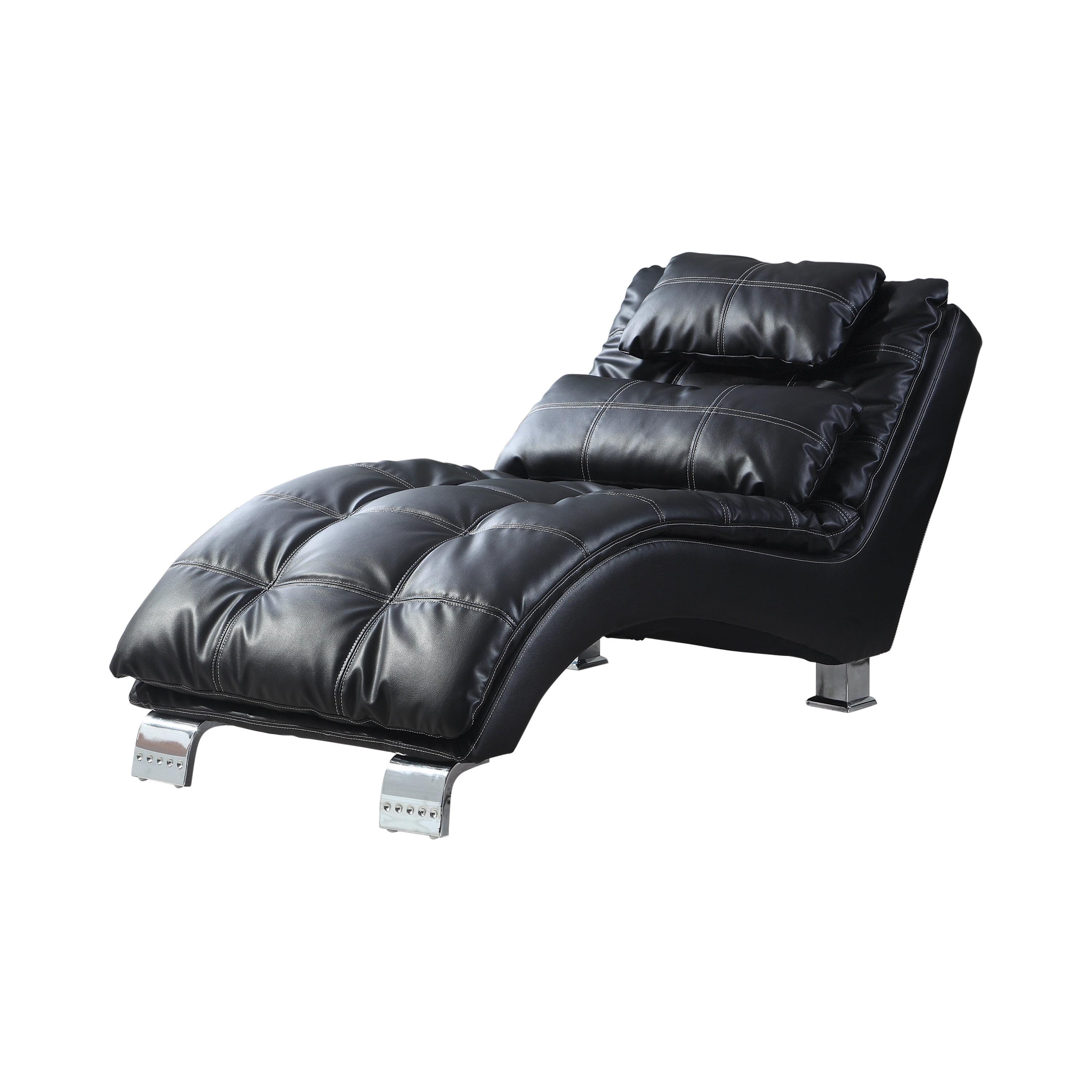 Transitional Black Faux Leather Upholstered Chaise with Geometric Stitching