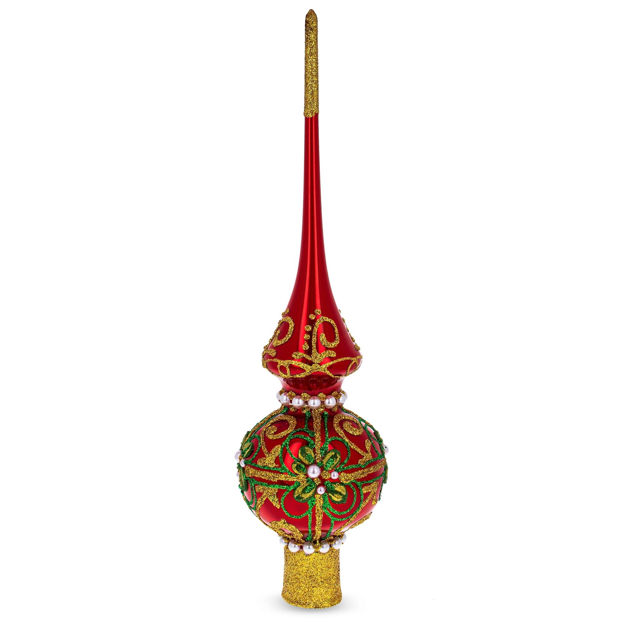 Glossy Red and Gold Glass Christmas Tree Topper with Pearls