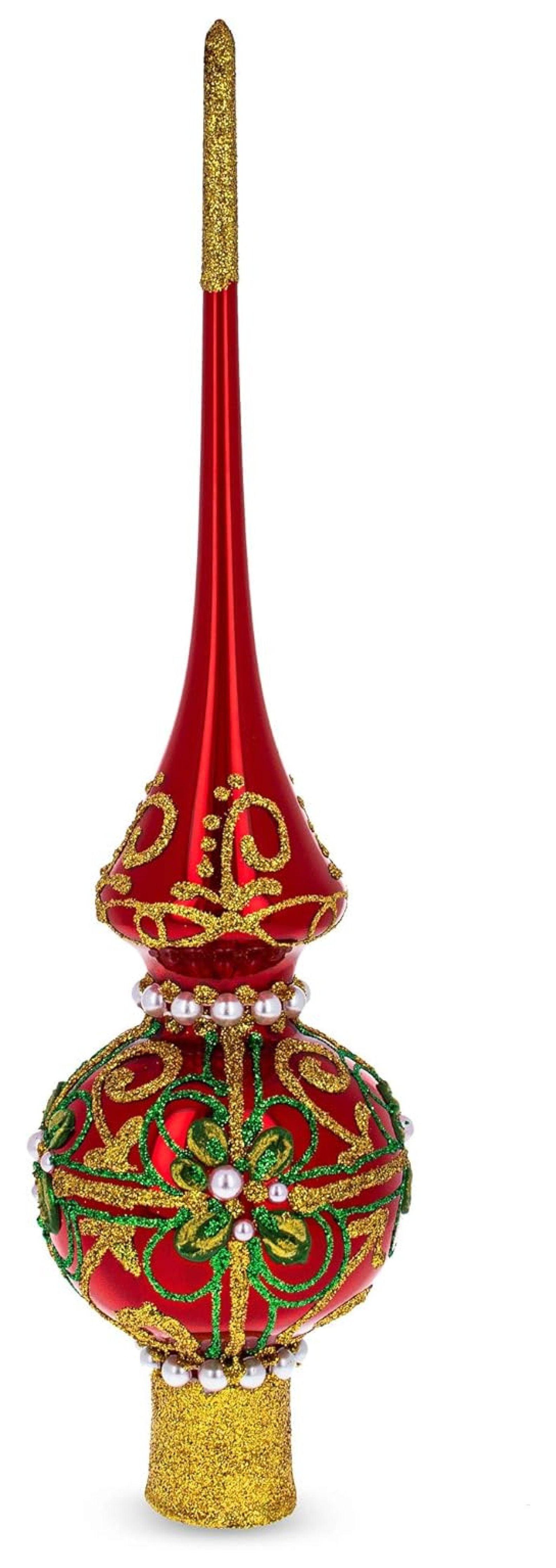 Glossy Red and Gold Glass Christmas Tree Topper with Pearls