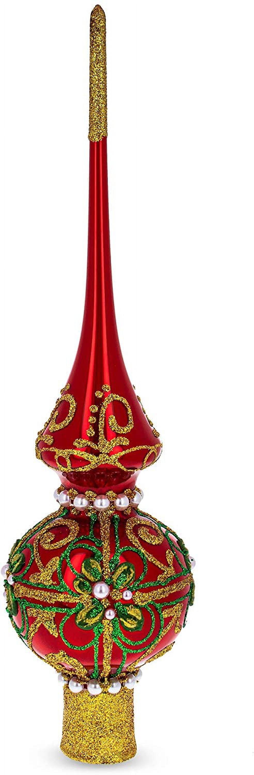 Dimensional White Pearls on Glossy Red Blown Glass Christmas Tree Topper 11 Inches