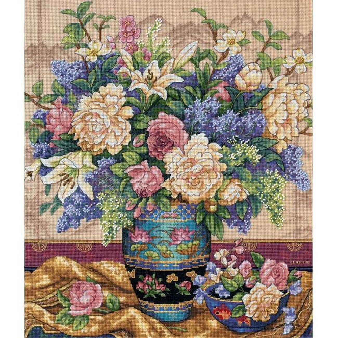 Oriental Splendor 12"x14" Beige Aida Counted Cross Stitch Kit with Gold Highlights
