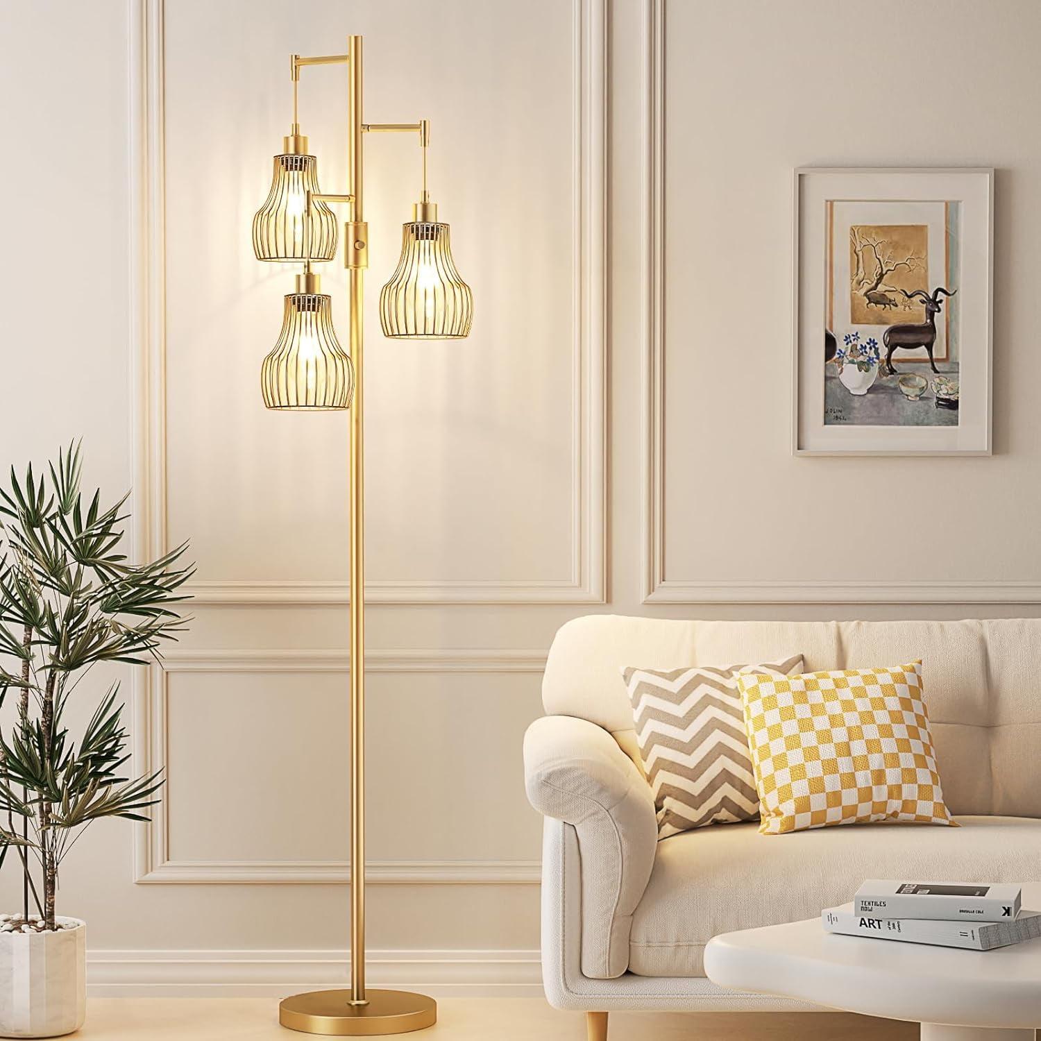 Dimmable Gold Floor Lamps for Living Room, Industrial Tree Standing Tall Lamps with 3 Elegant Cage Shade & 800 Lumens LED Bulbs for Bedroom Office