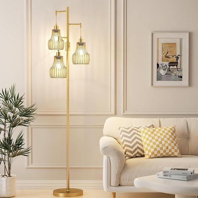 Dimmable Gold Floor Lamps for Living Room, Industrial Tree Standing Tall Lamps with 3 Elegant Cage Shade & 800 Lumens LED Bulbs for Bedroom Office
