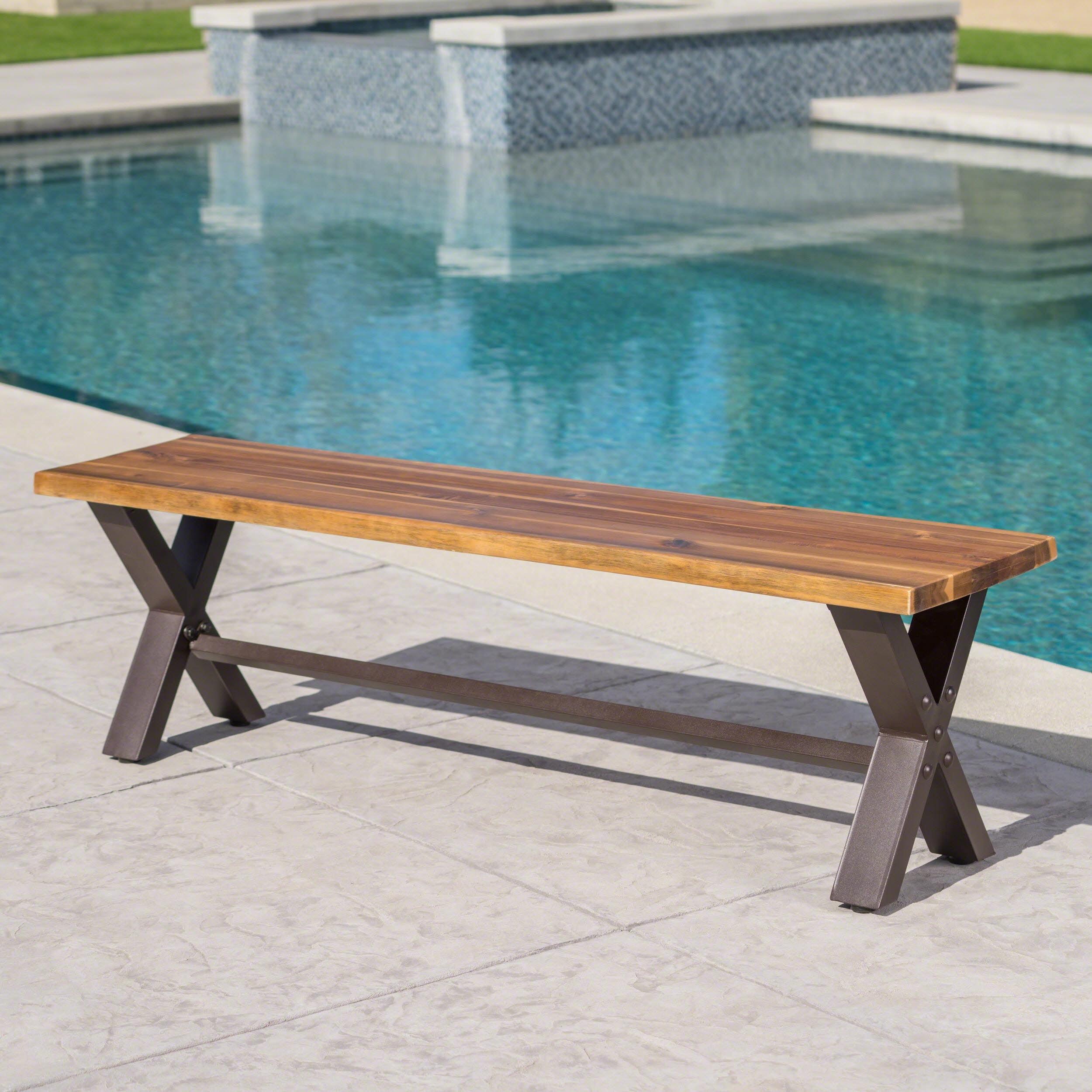 Teak Brown Acacia Wood Outdoor Dining Bench with Metal Legs