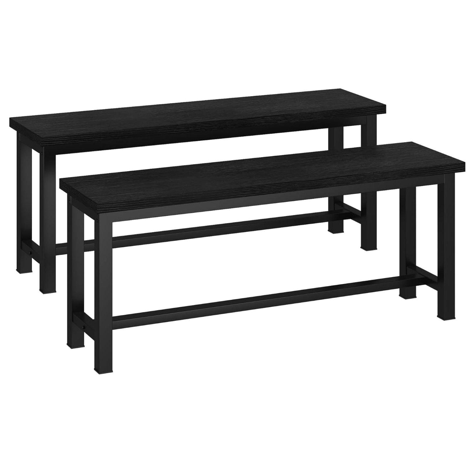 Black Metal and Wood Mid-Century Modern Dining Benches, Set of 2