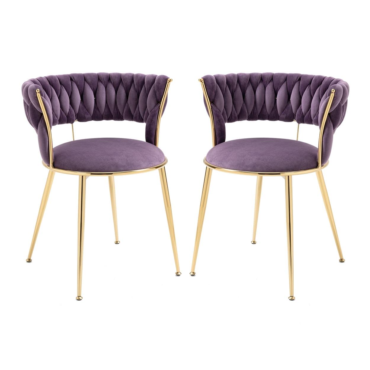 Dining Chair Set of 2, Velvet Woven Upholstered Dining Chair with Gold Metal Legs, Dining Chairs Kitchen Chairs for Dining Room, Kitchen, Vanity, Living Room, Purple