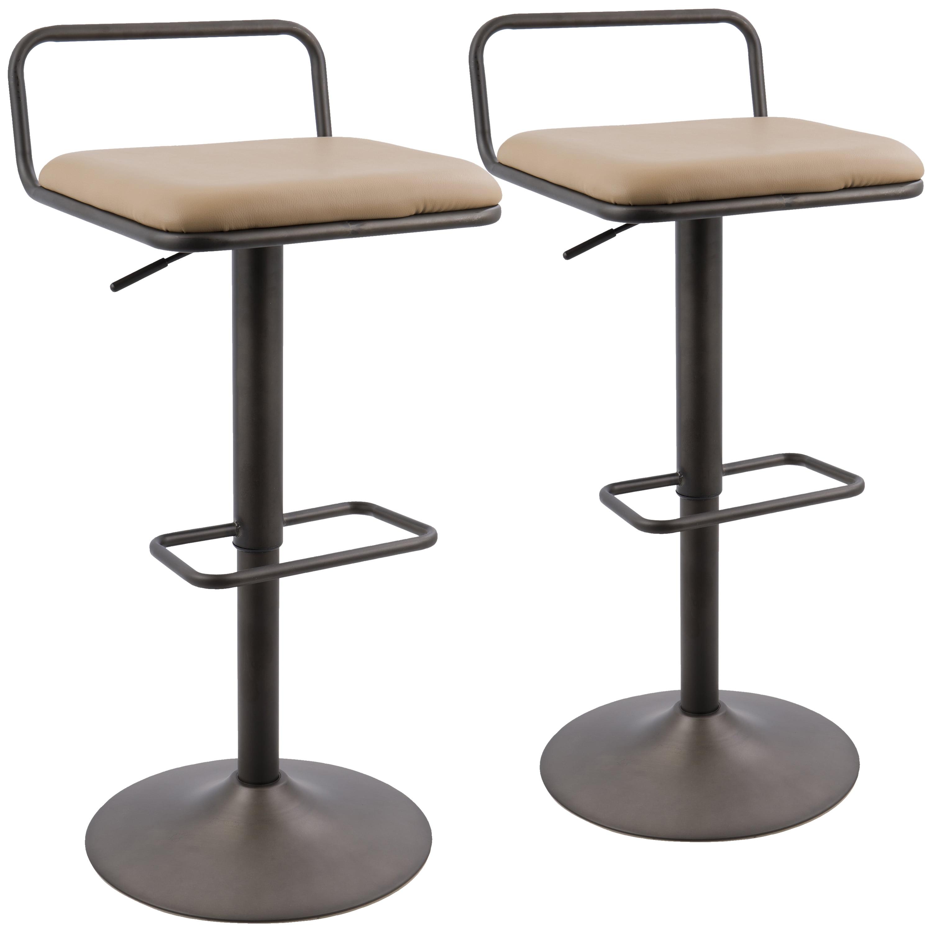 LumiSource Set of 2 Beta Industrial Adjustable Barstools Antique/Camel: Metal Frame, Faux Leather, Low Back Design