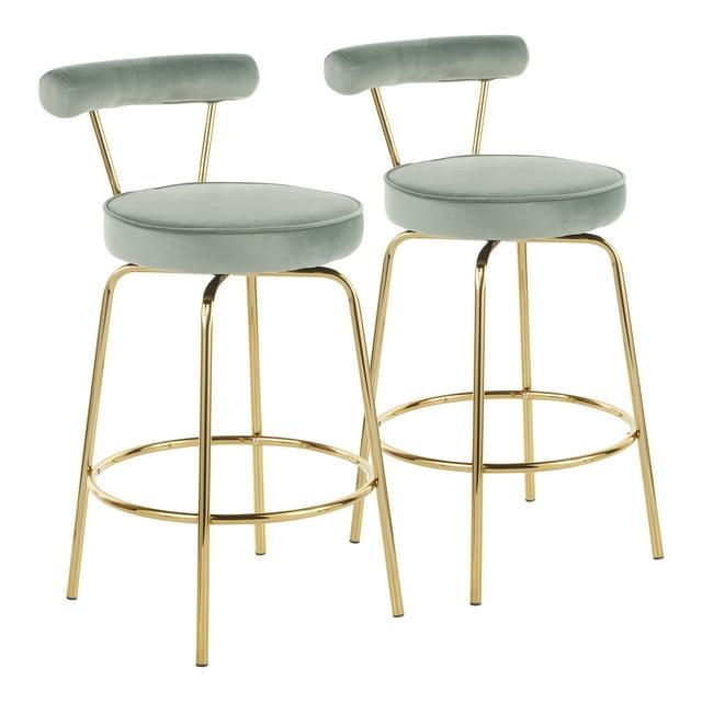 LumiSource Set of 2 Rhonda Glam Counter Height Barstools Sage Green Velvet: Upholstered Swivel, Metal Legs, Spot Clean