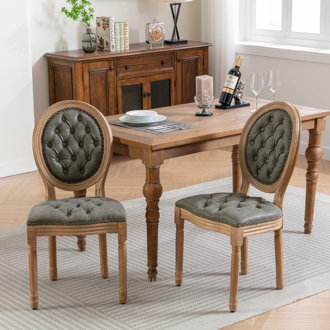 DONICK French Upholstered Dining Chairs,Farmhouse Round Back Tufted Solid Wood For Kitchen,Restaurant(PU,Olive,Set of 2)