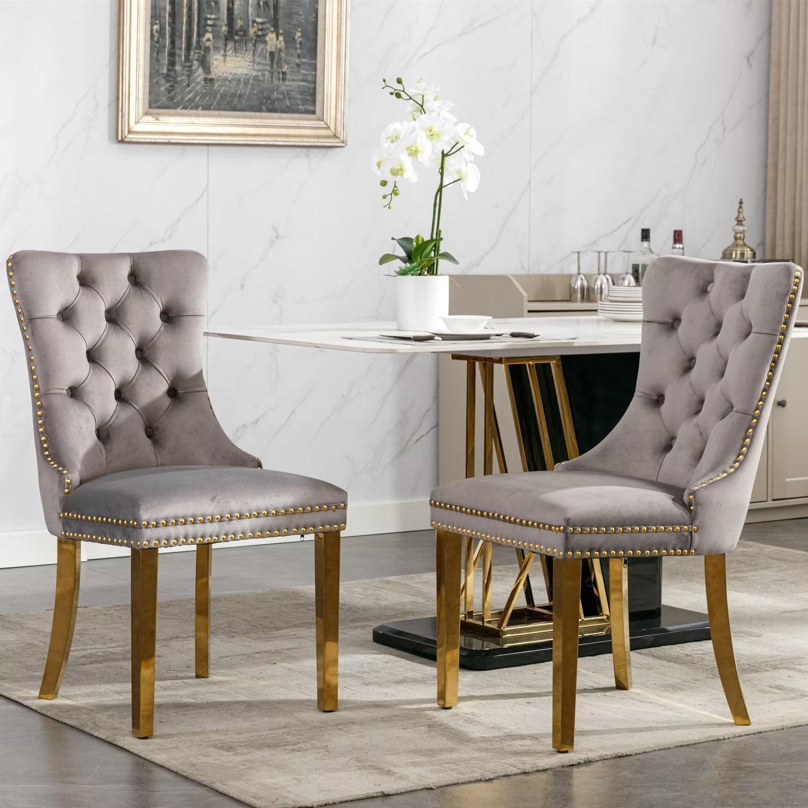 Gray Velvet Tufted Dining Chairs with Gold Metal Legs, Set of 2