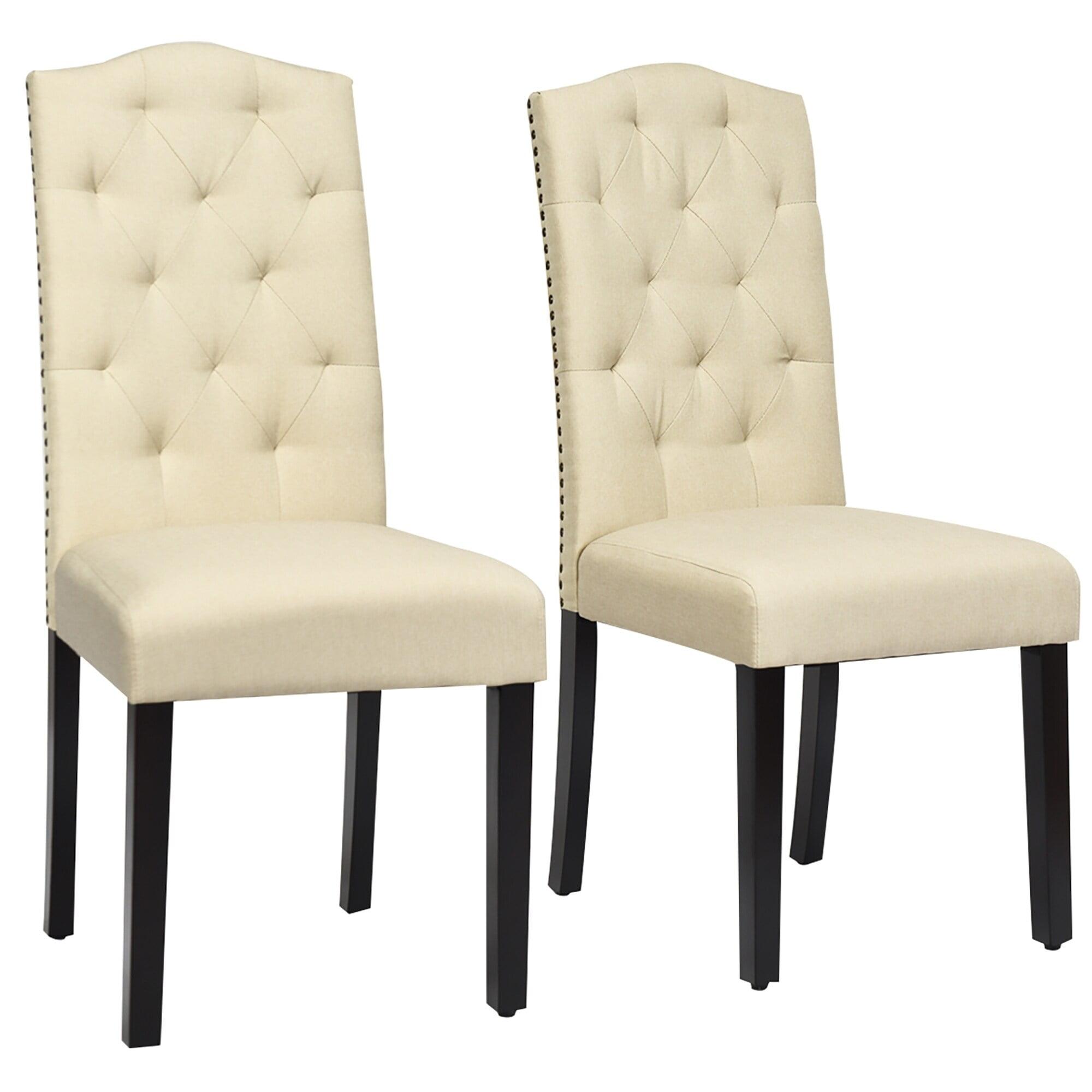 Beige Tufted Linen Upholstered Dining Chairs with Wood Legs, Set of 2